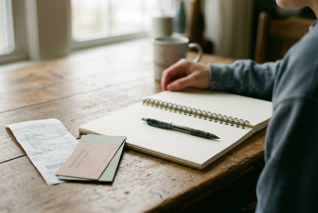A notebook open beside an unused dance ticket and grocery receipts on a kitchen table.