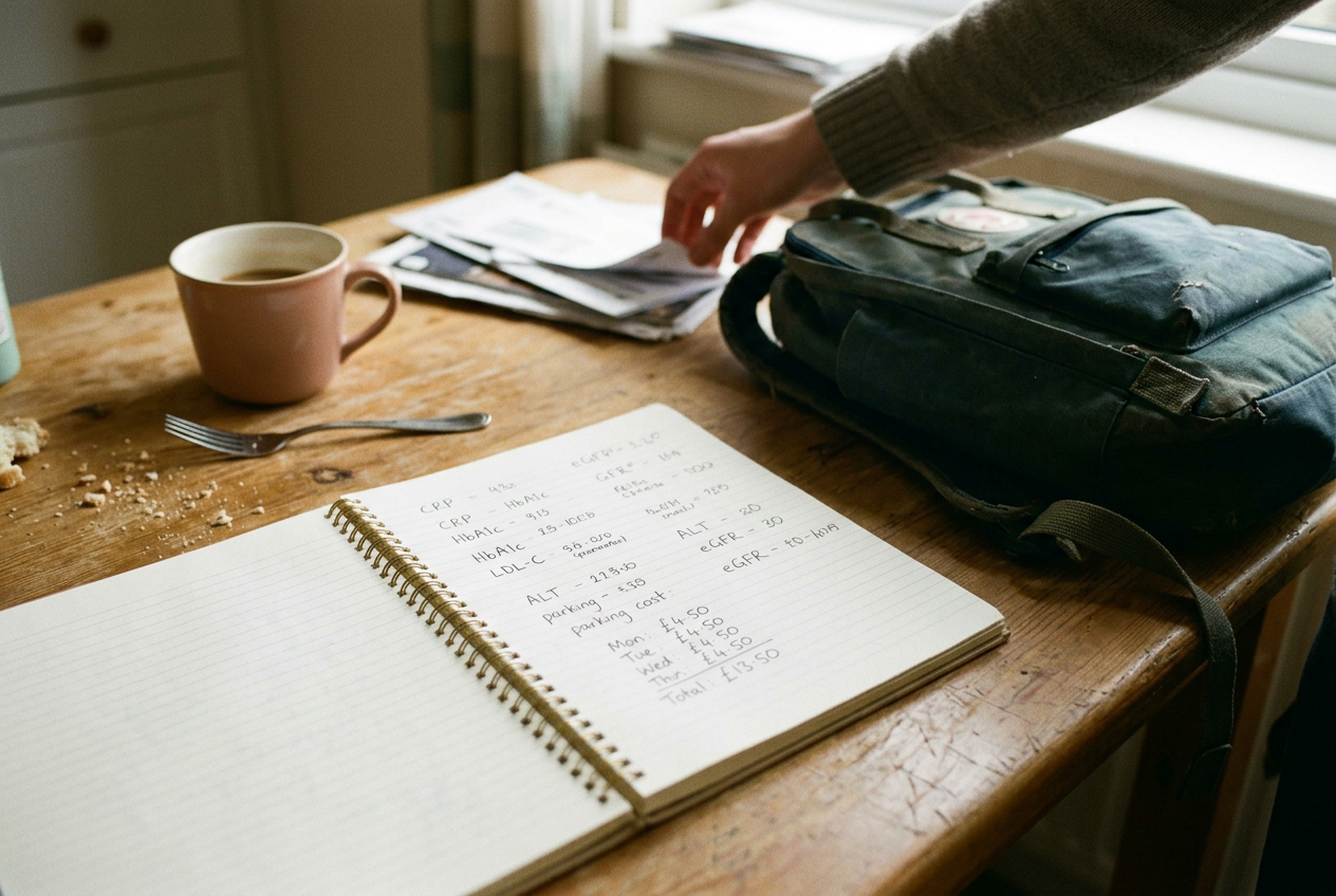 A college backpack beside an open notebook containing appointment notes and biomarker abbreviations.