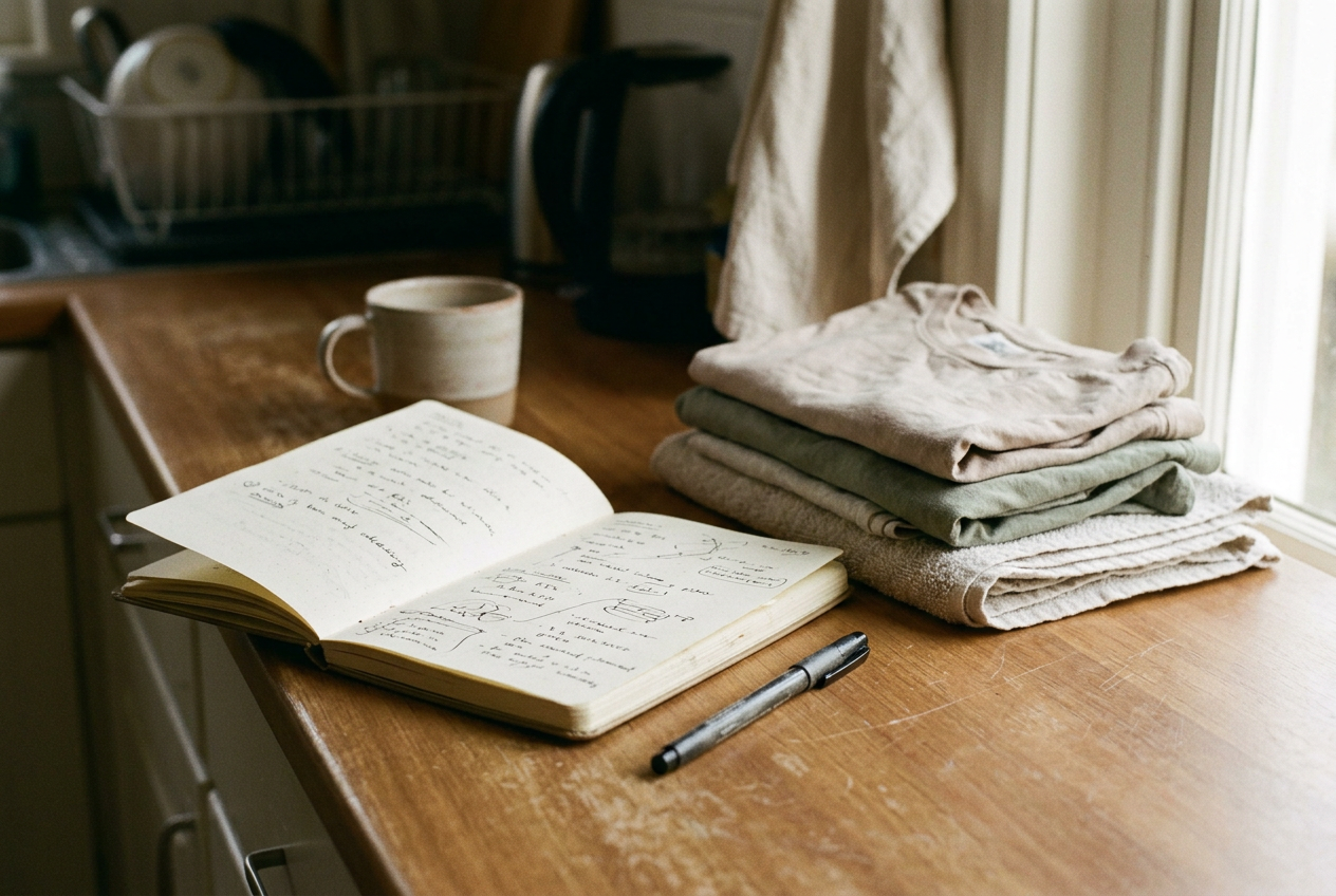 An open caregiving notebook beside a pen and folded laundry on a kitchen counter.