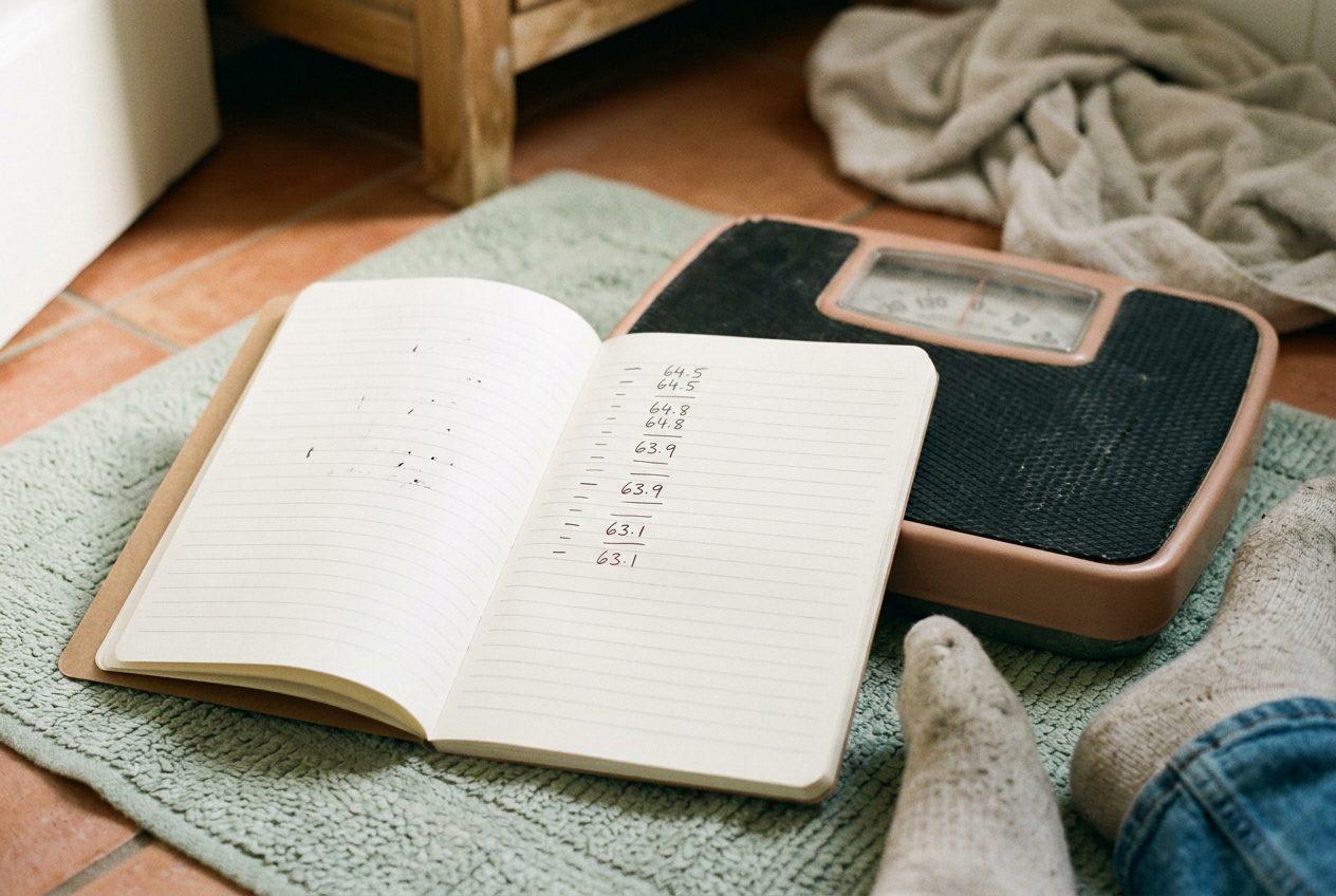 An open notebook showing weekly weights beside a bathroom scale on the floor.
