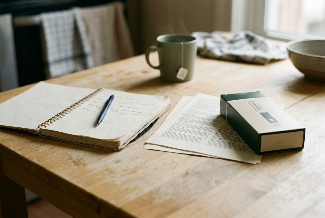 A notebook, injection pen package and printed instructions on a kitchen table.