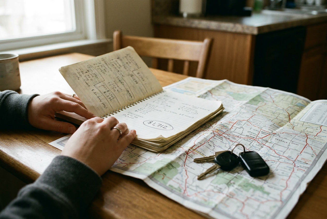 A notebook open beside a road map and car keys on a kitchen table.