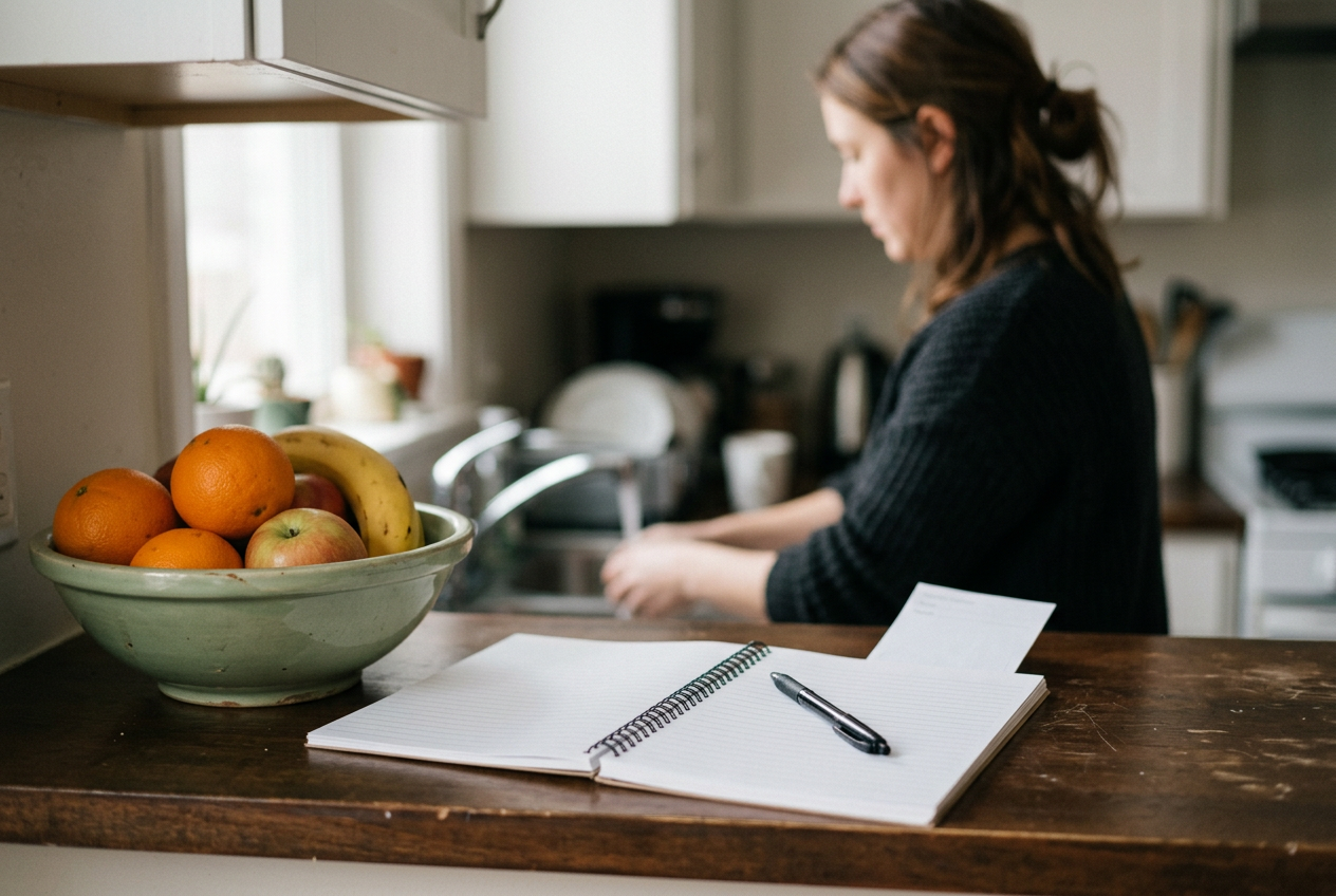 An open notebook beside a fruit bowl, with appointment slips tucked between its pages.