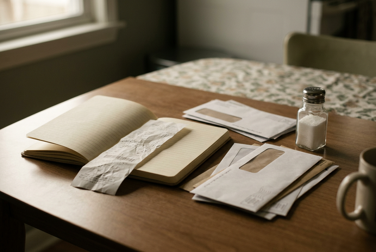 A notebook and grocery receipt rest on a kitchen table beside unopened mail and a salt shaker.