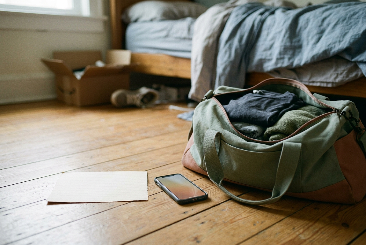 An index card beside a phone and open duffel bag on a bedroom floor before summer camp.