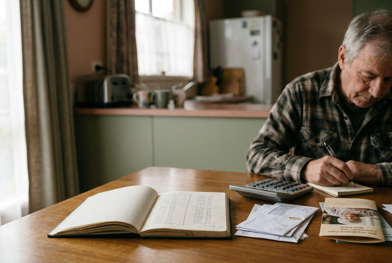 A notebook, calculator, care brochure, and household bills arranged on a kitchen table.