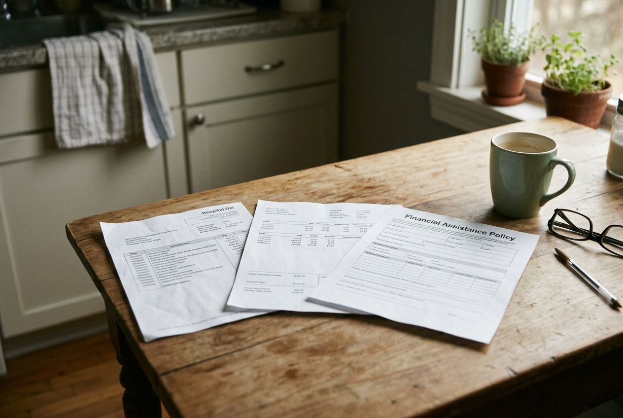 An itemized hospital bill beside pay stubs and a printed financial assistance policy on a kitchen table.