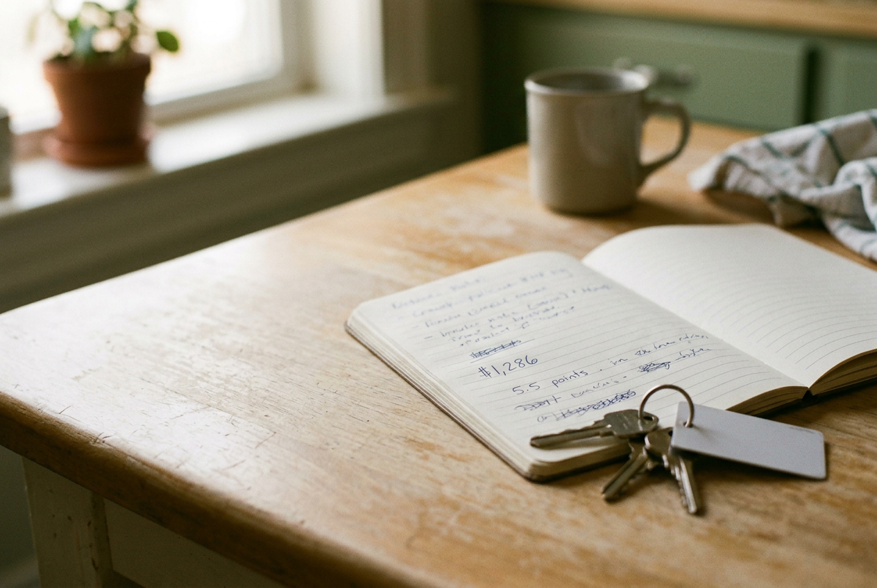 An open notebook beside work keys, with $1,286 rent and five and a half attendance points written on the page.