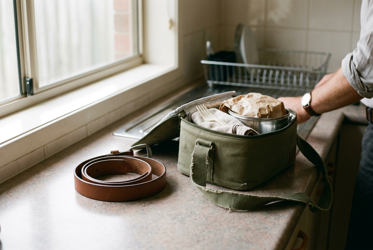 A belt on a kitchen counter beside a packed lunch, recalling the weight loss that preceded an emergency diabetes diagnosis.
