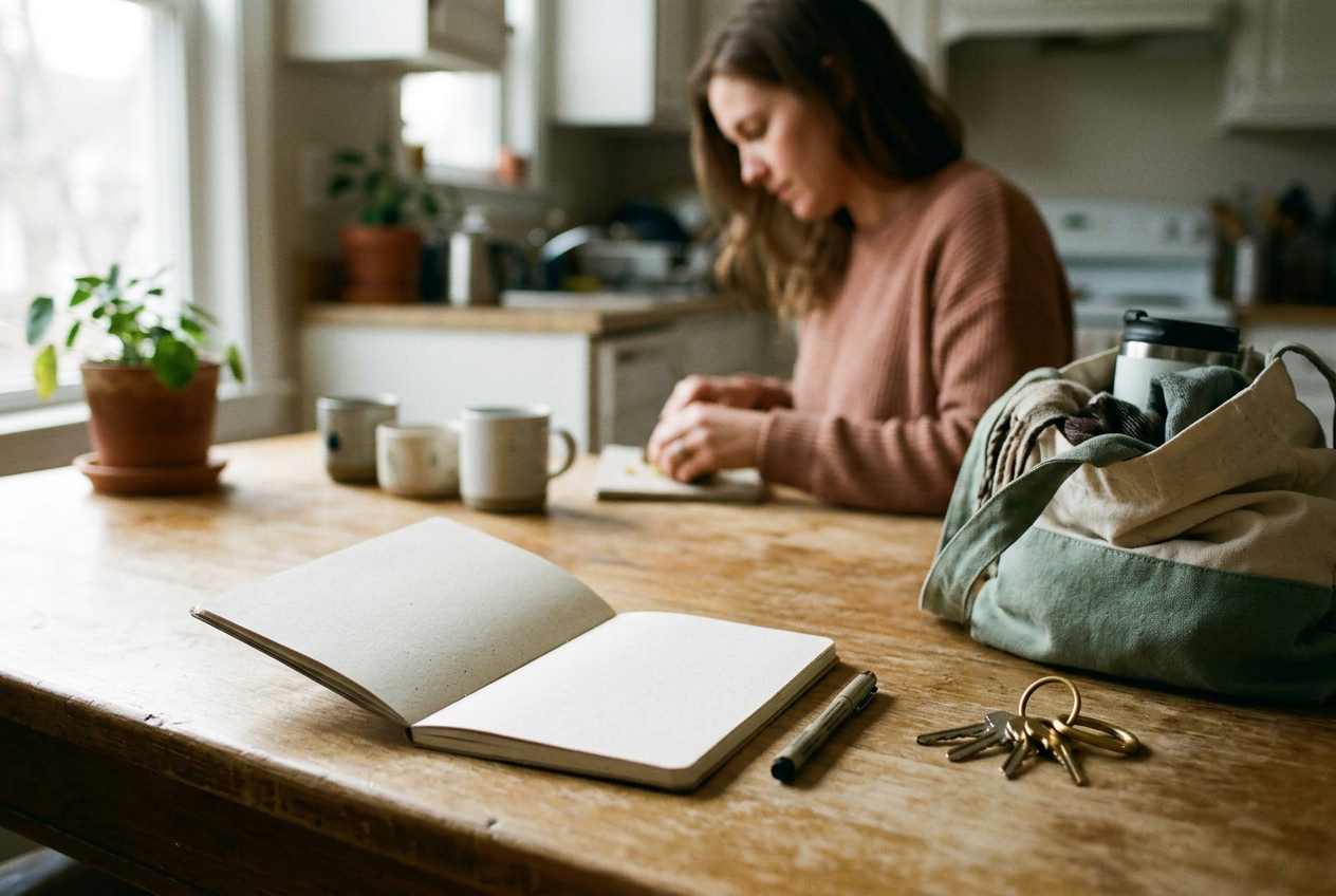 A notebook and house keys on a kitchen table beside a packed tote bag.