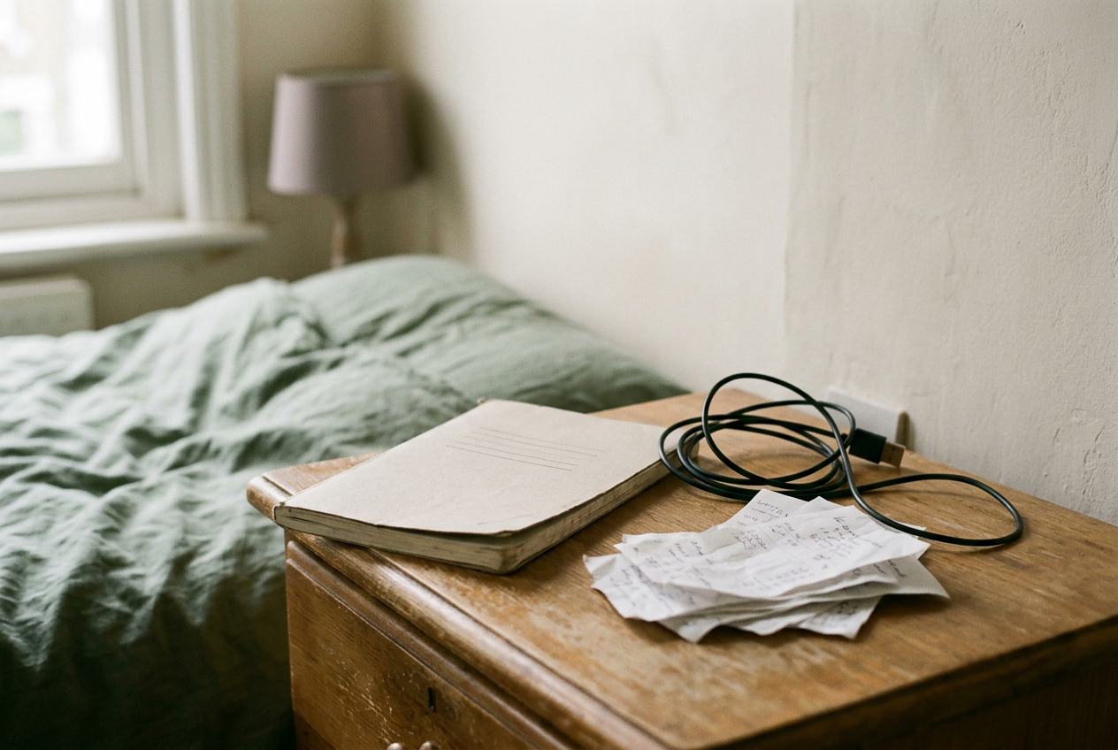 A notebook open beside a phone and folded clothing on a bedroom dresser.