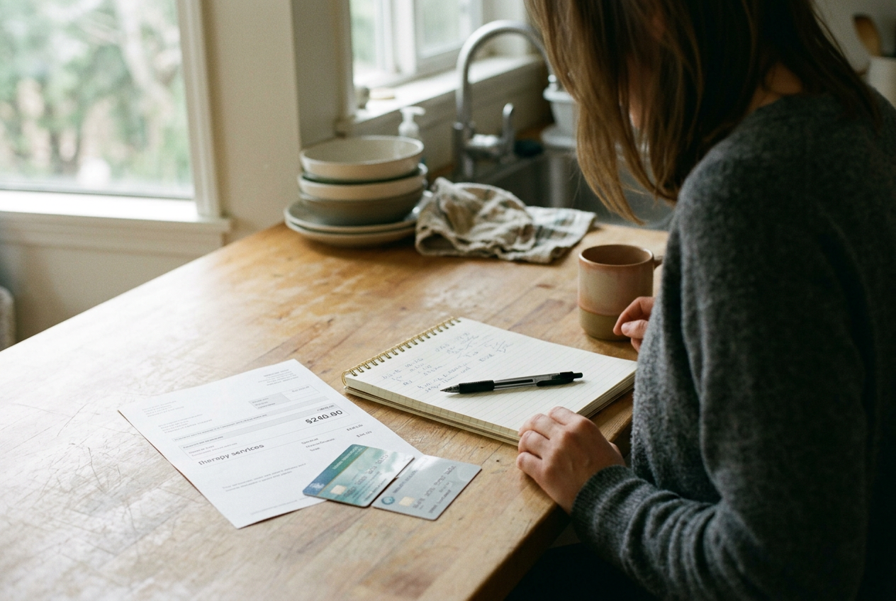 A notebook beside therapy bills and two health insurance cards on a kitchen counter.