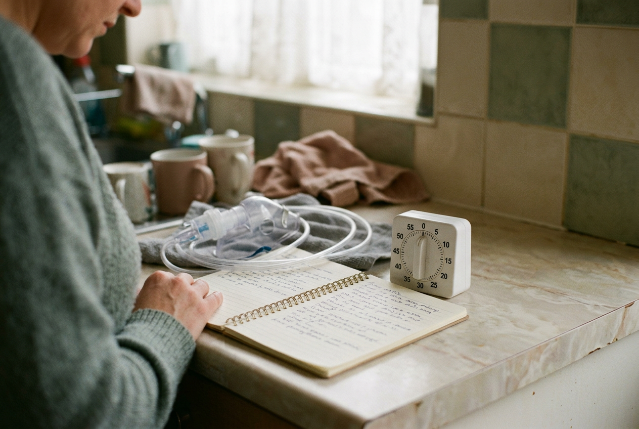 An open symptom notebook beside an oxygen mask on a kitchen counter.