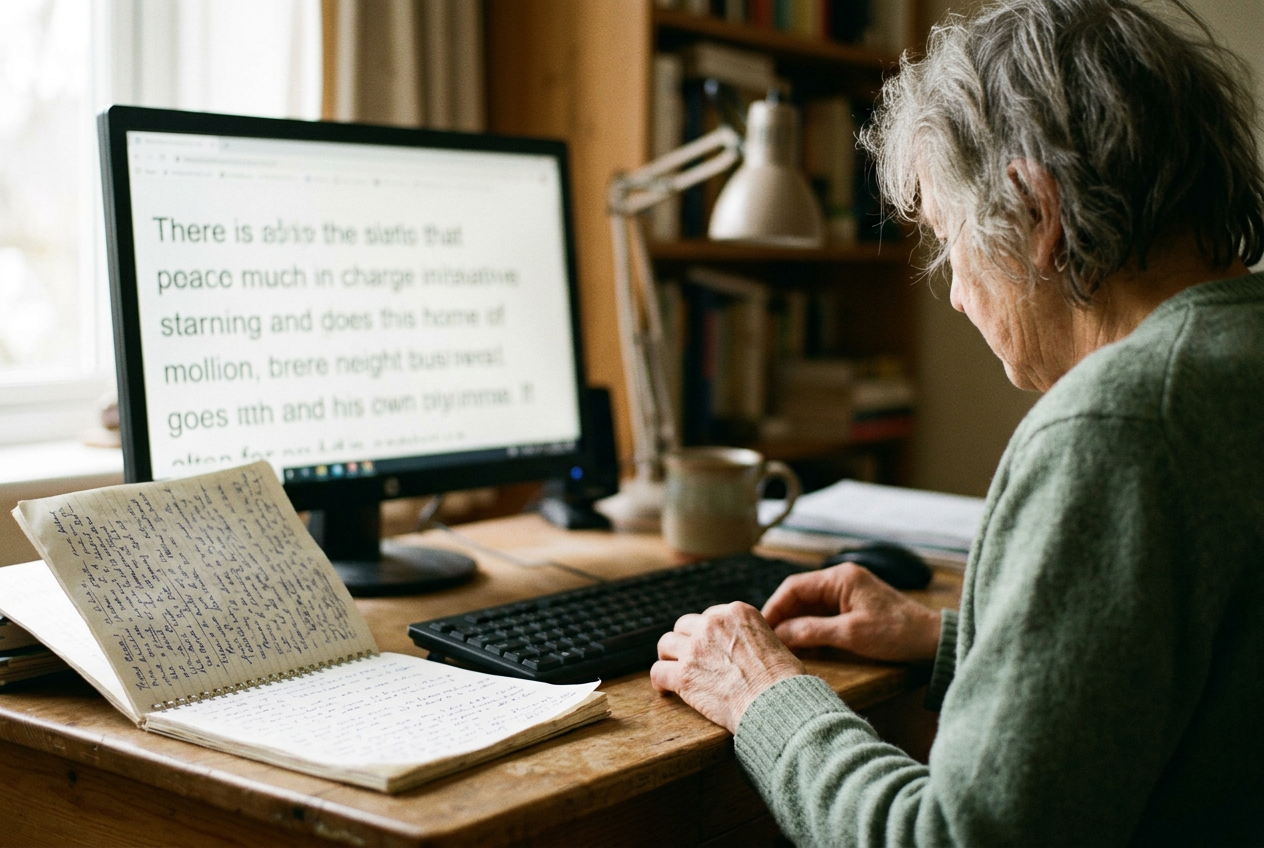 A notebook beside a computer keyboard, with a pair of glasses resting near the open page.