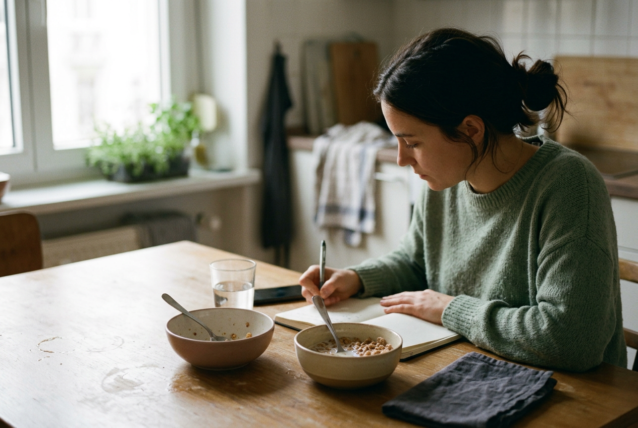 A notebook open beside cereal bowls on a kitchen table.