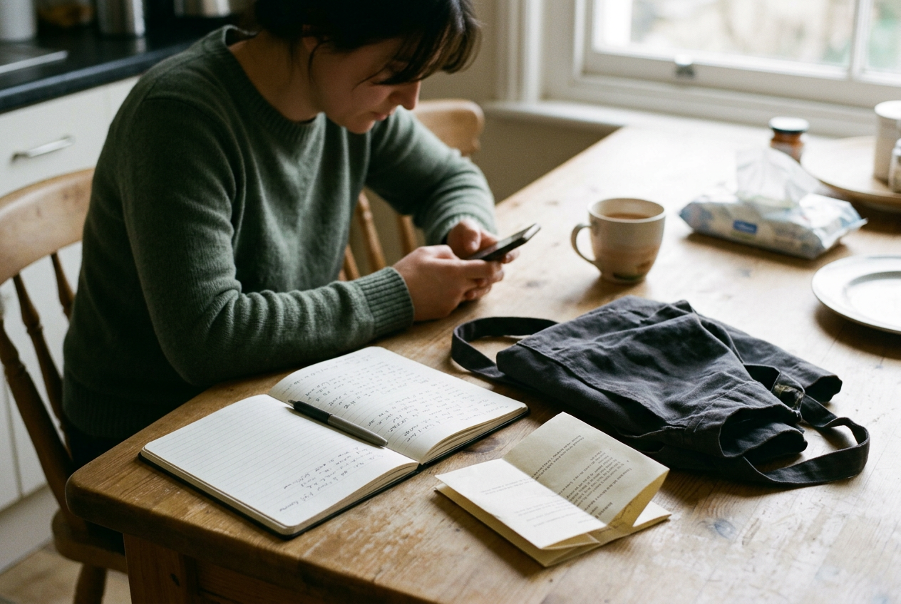 A notebook open beside a restaurant apron and a folded dental aftercare sheet on a table.