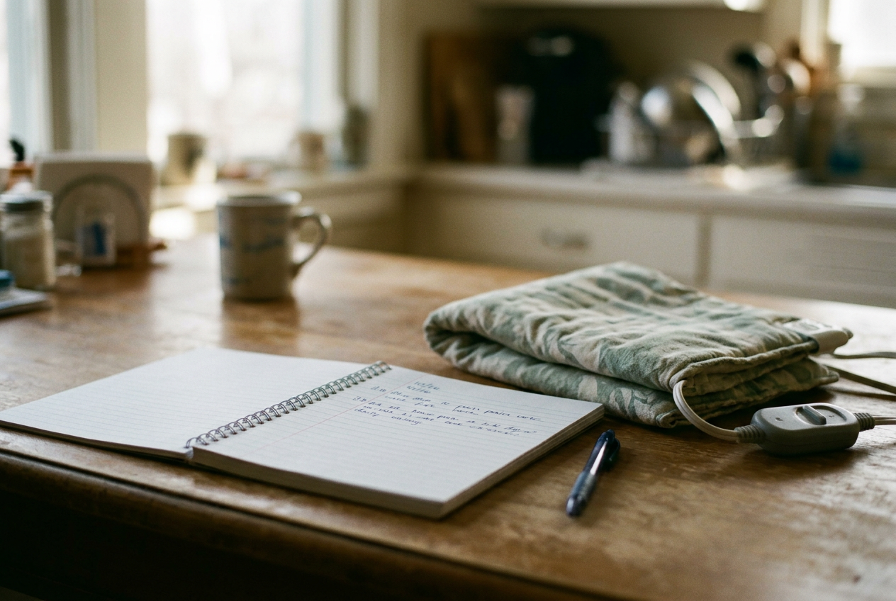 An open notebook with dated pain entries beside a folded heating pad on a kitchen table.