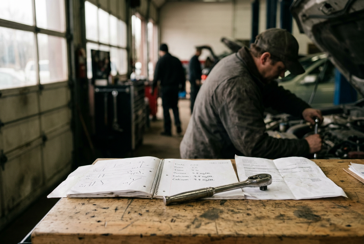 A notebook with kidney stone dates and calcium results rests beside a mechanic’s hand tools.