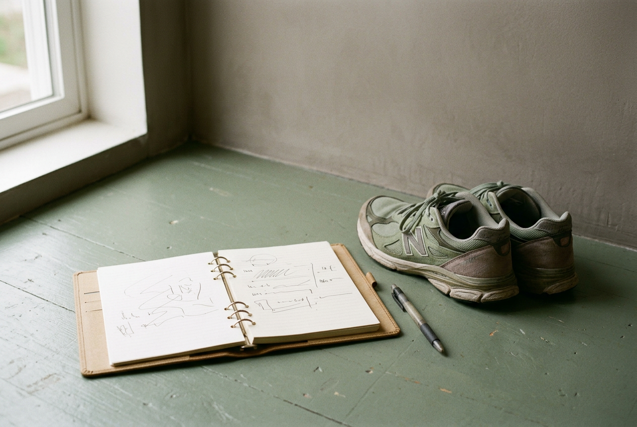 An open notebook beside running shoes and a folded medical visit summary on a table.