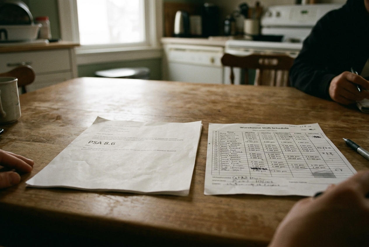 A printed elevated PSA result beside a warehouse shift calendar on a kitchen table.