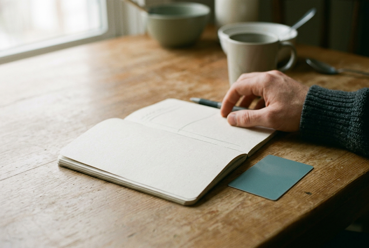 An open caregiver notebook beside an insurance card on a kitchen table after an overnight shift.