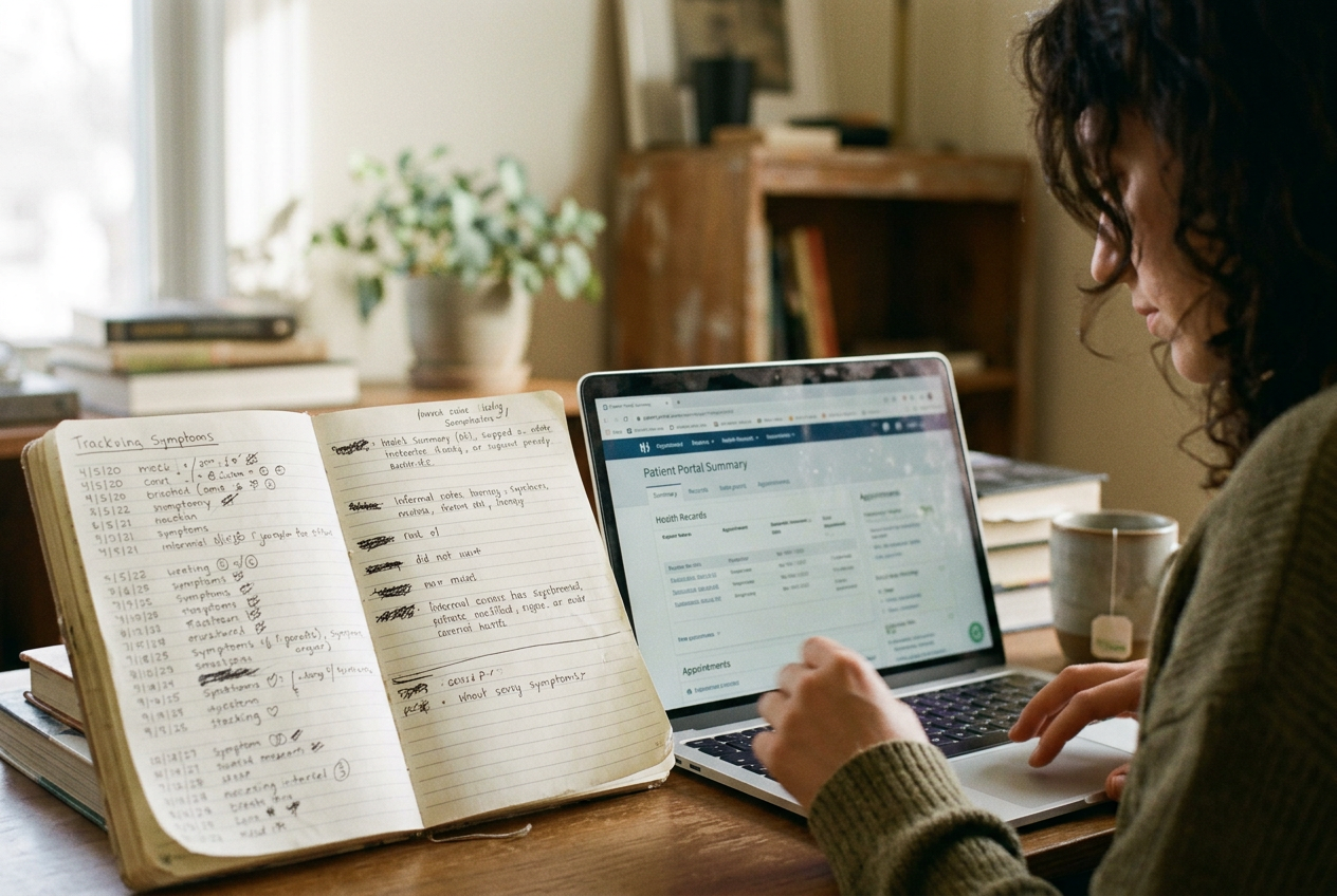 An open notebook with months, symptom days, and episode lengths written beside a patient portal screen.