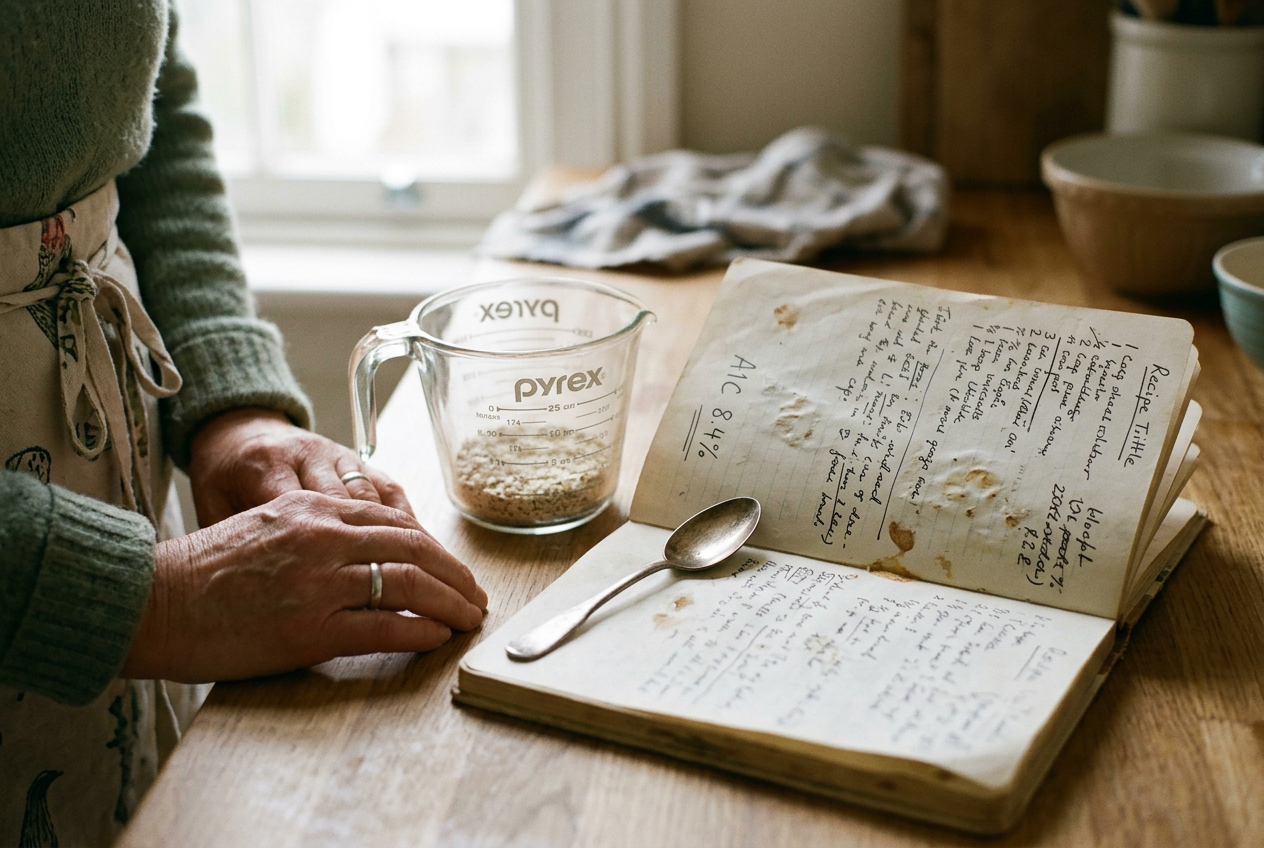 A recipe notebook open beside a pot, measuring cup and handwritten A1C result on a kitchen table.