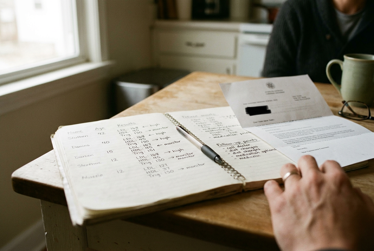 An open notebook records family cholesterol results beside a pharmacy cost estimate.