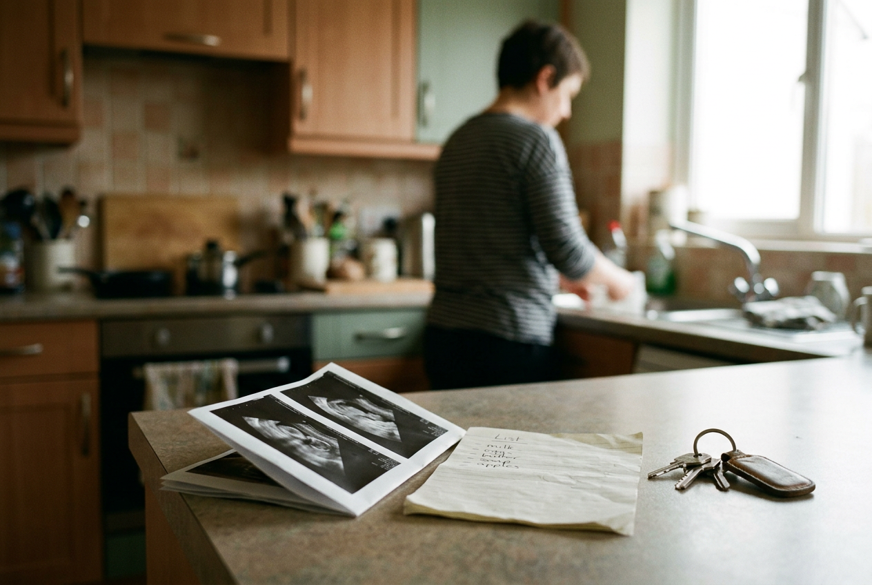 A folded scan report beside a grocery list and car keys on a kitchen counter.