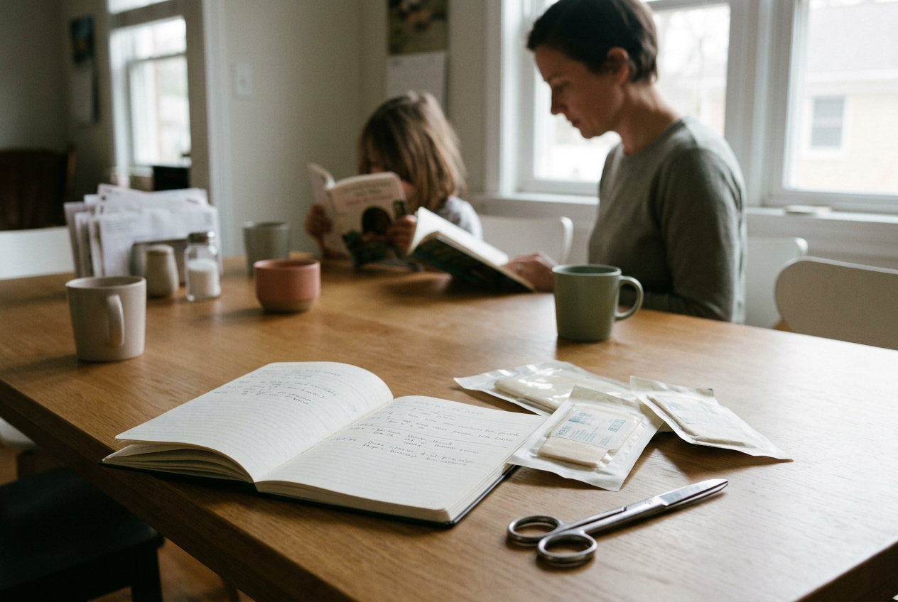 An open notebook beside sealed wound dressings and scissors on a family dining table.