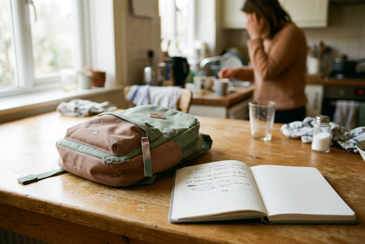 A notebook open to follow-up dates beside a child’s backpack on a kitchen table.