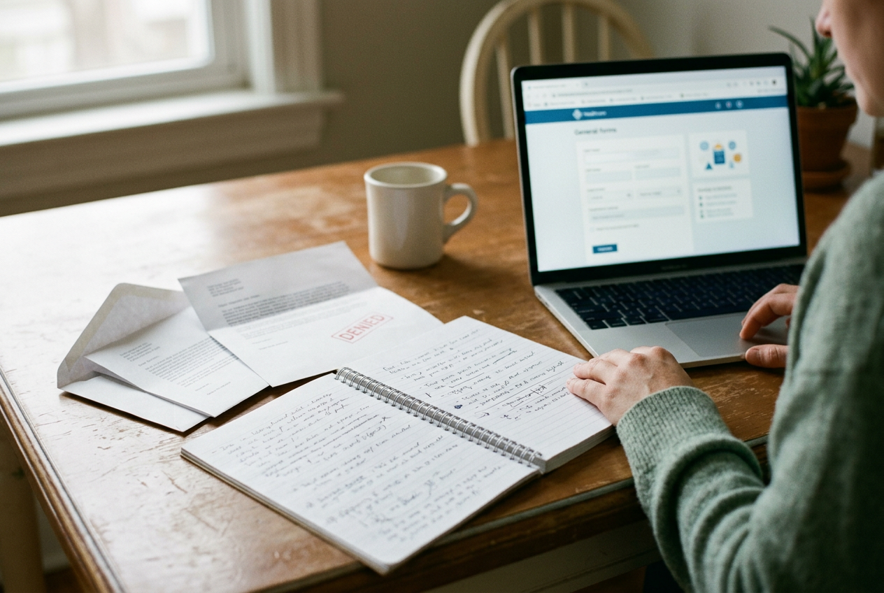 A notebook open beside an insurance denial letter and a patient portal screen on a kitchen table.
