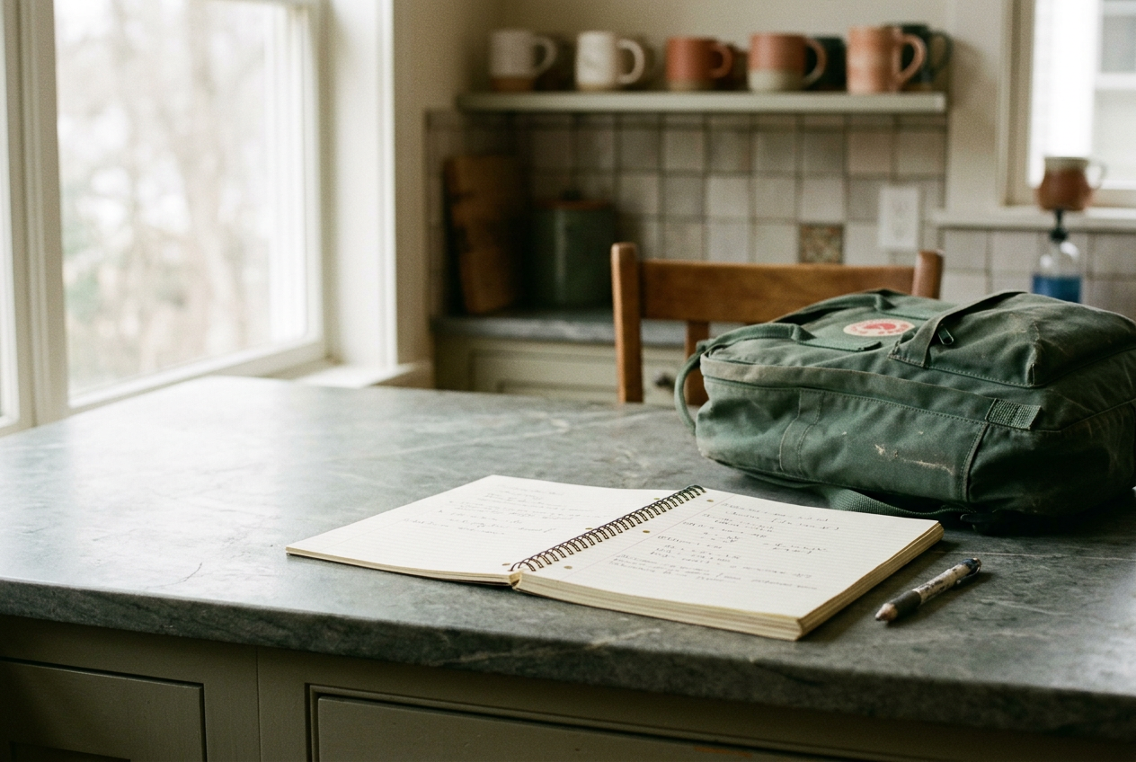 An open notebook beside a school backpack on a kitchen counter.