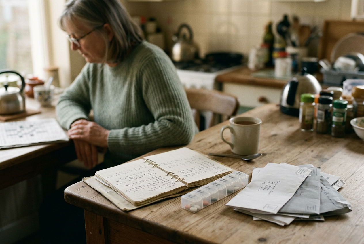 A care notebook beside a pill organizer and an unpaid household bill on a kitchen table.