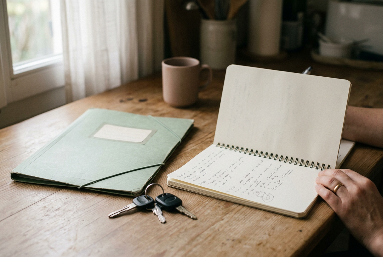An open notebook beside car keys and a child’s school folder on a kitchen table.
