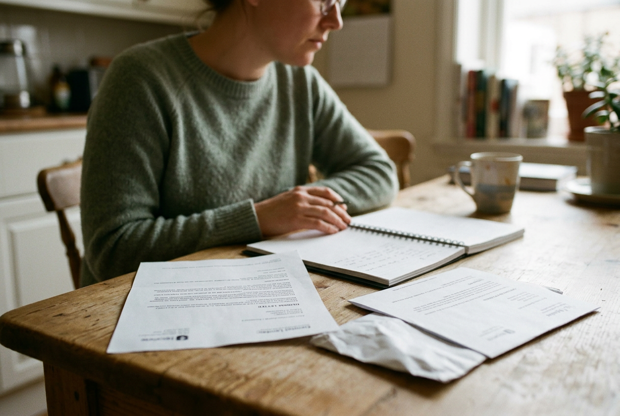A denial letter, notebook, medical records, and approval notice arranged on a table.