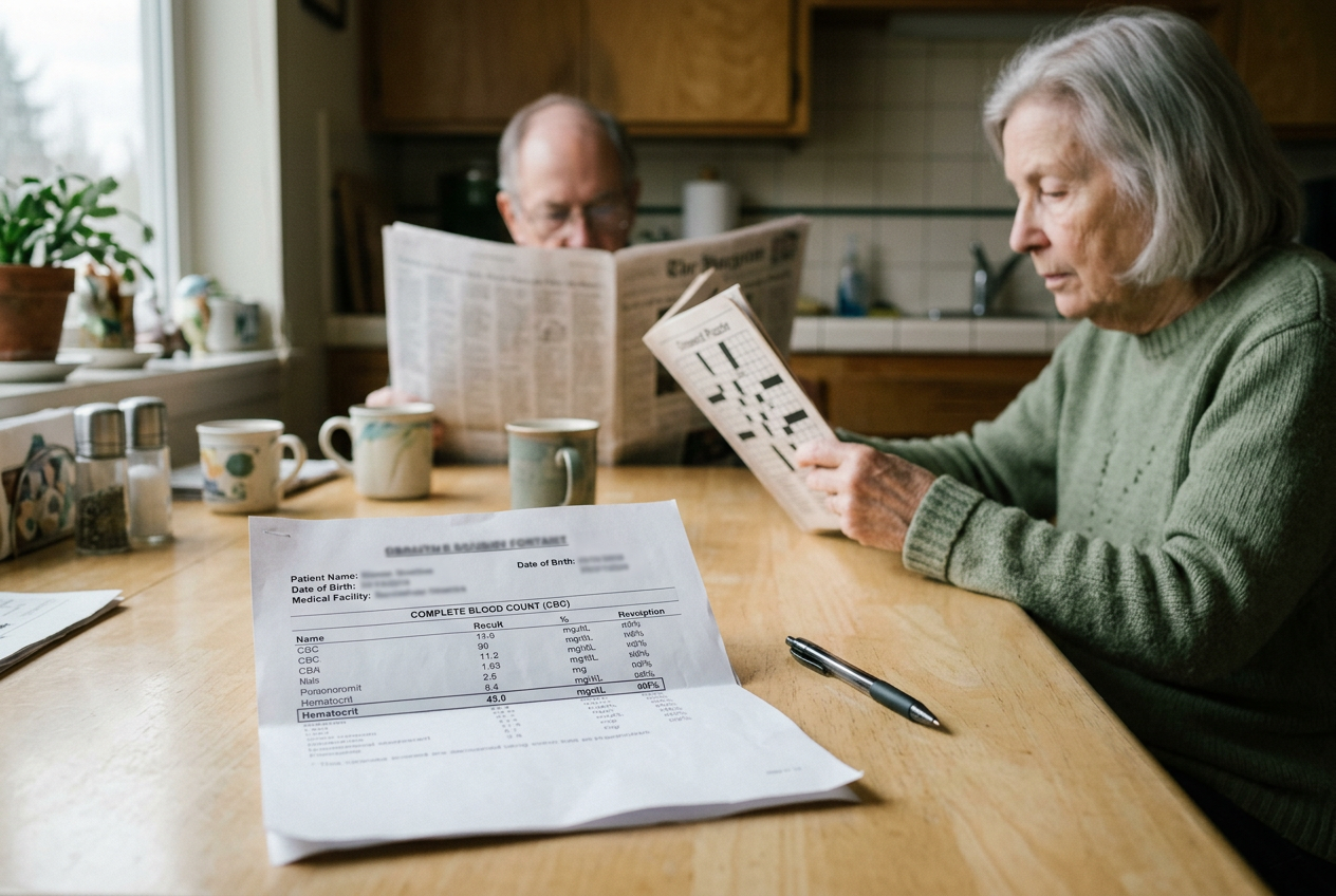 A printed CBC report beside a pen on a kitchen table, with identifying details removed.