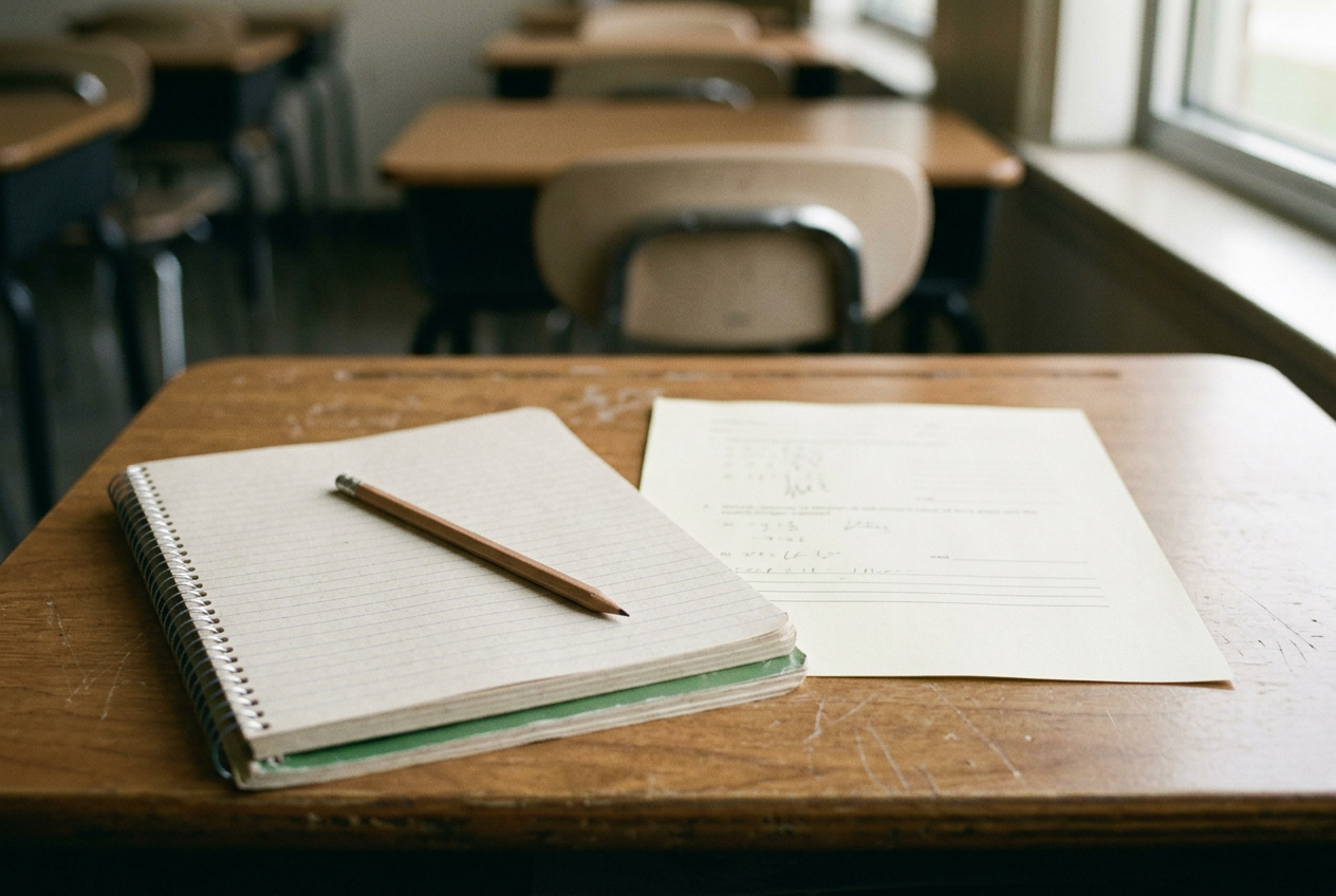 A school notebook and pencil resting beside an exam paper on a classroom desk.