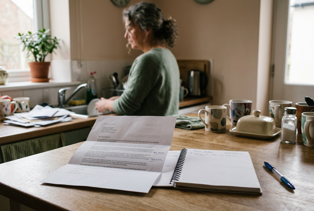 An insurance letter on a kitchen table with two medicine names underlined beside a notebook.