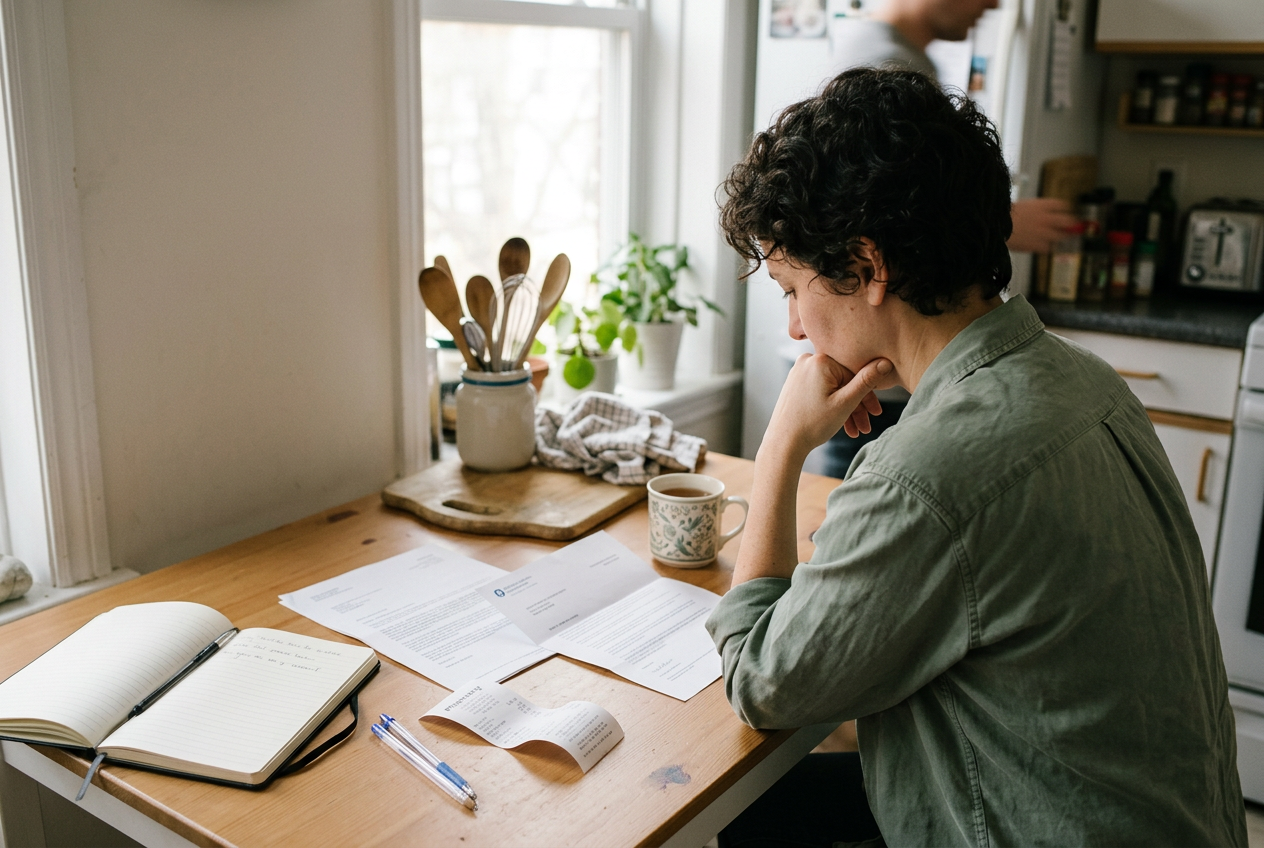 A notebook beside insurance letters and a pharmacy receipt on a kitchen table.