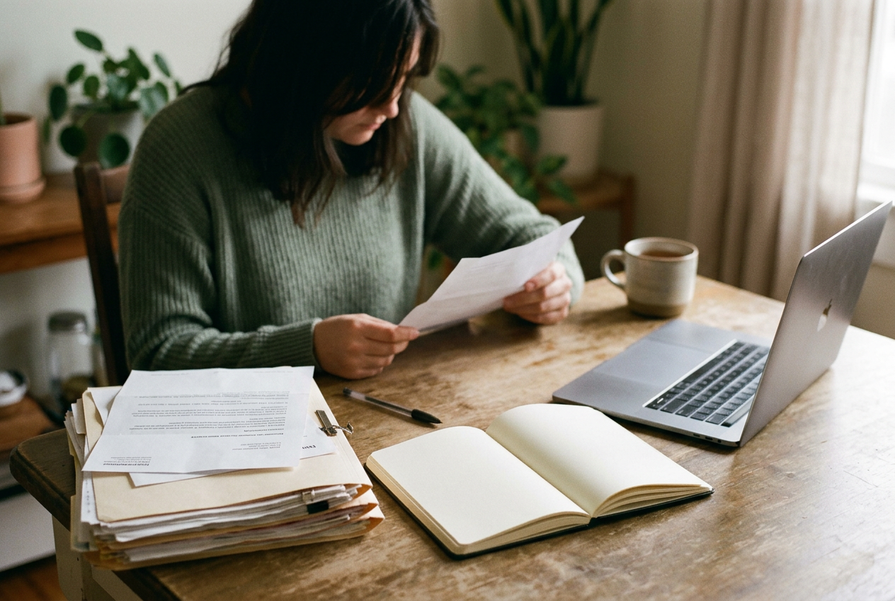 An open notebook beside a laptop and a stack of medical records on a kitchen table.