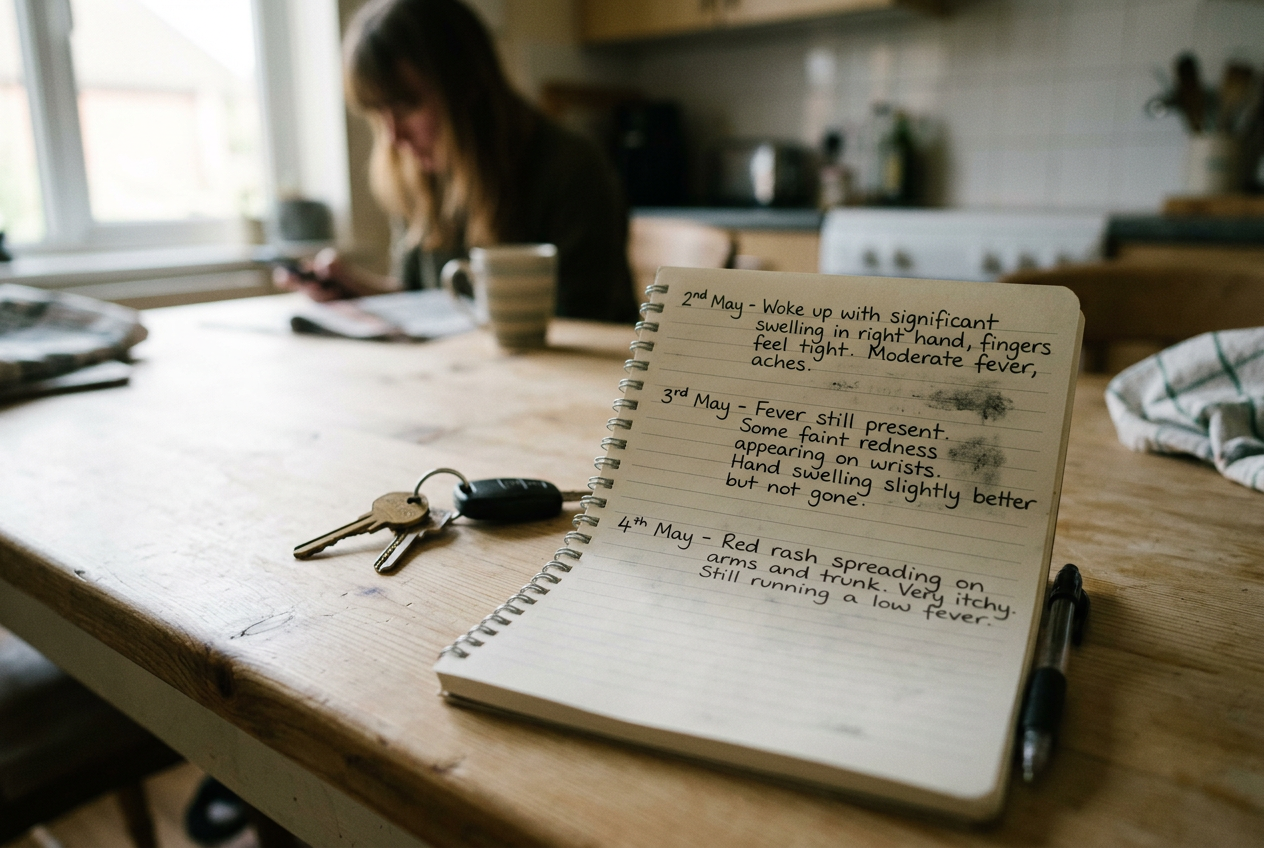 An open symptom notebook beside keys, with dates and joint locations written on the page.
