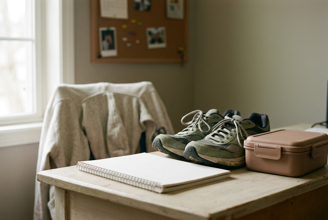 A training notebook beside running shoes and a closed lunch container on a teenager’s desk.