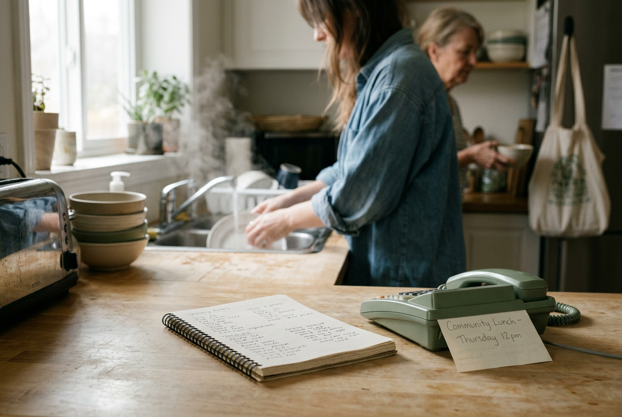 A notebook beside a kitchen phone with grocery notes, weekly weights and a community lunch reminder.