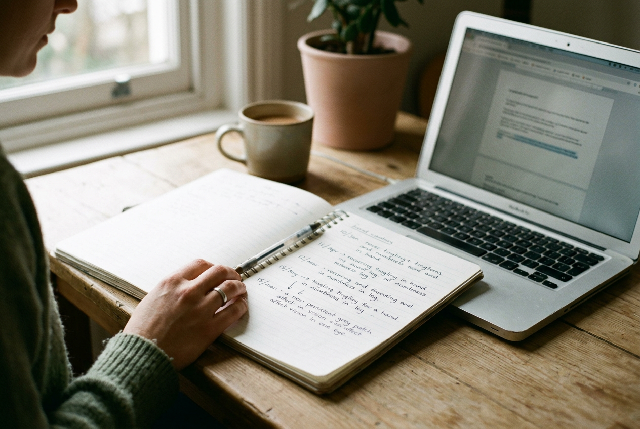 An open notebook beside a laptop records tingling, eye pain, and a gray patch in one eye.
