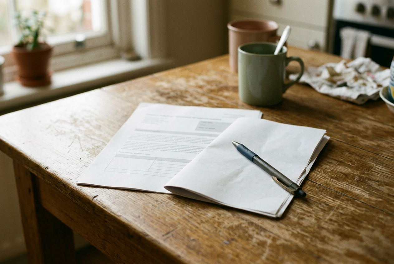 A printed patient portal page beside a pen and folded discharge instructions on a table.