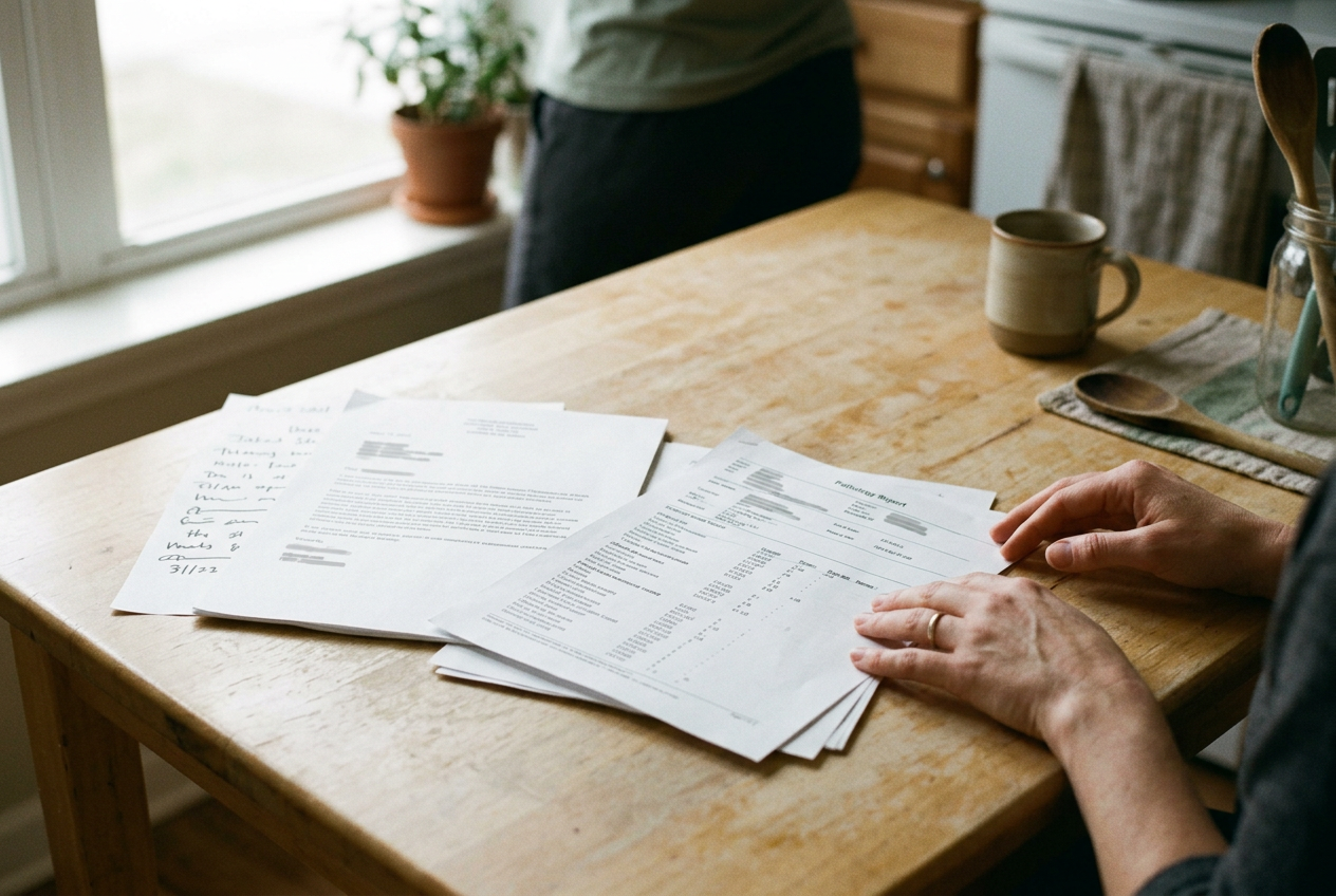A denial letter showing a $5,800 charge beside a folder of pathology and insurance records.