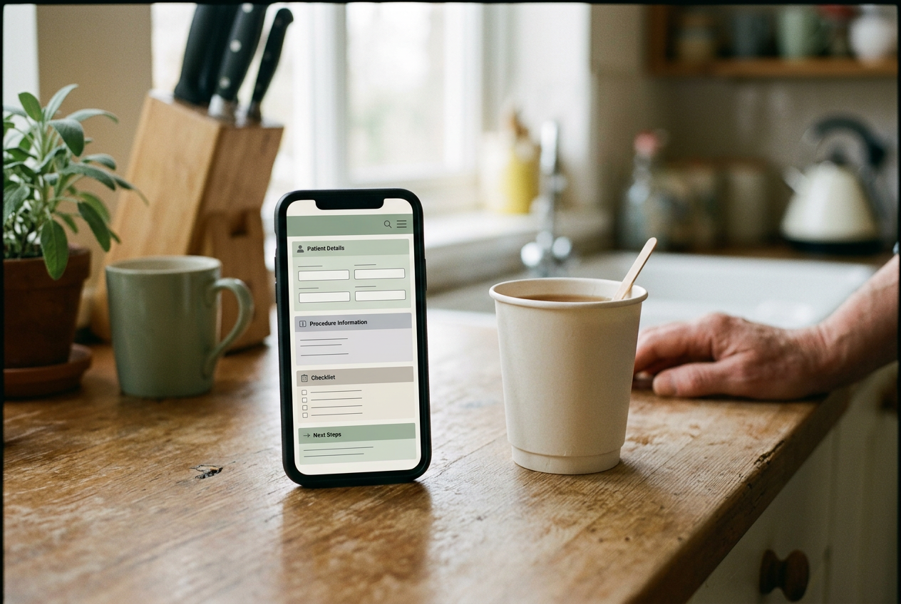A phone displaying pre-surgery instructions beside a paper cup of water on a kitchen counter.
