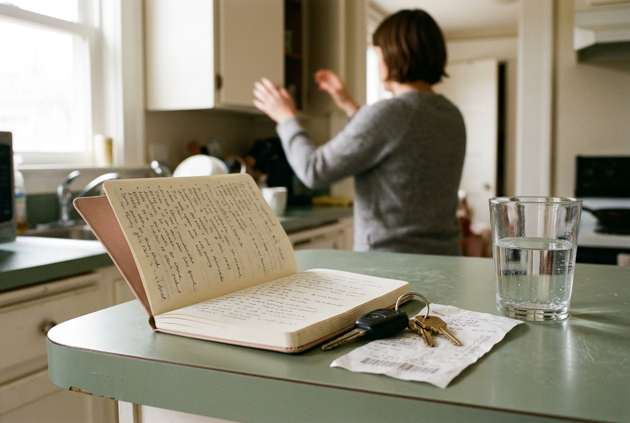 An open notebook beside car keys, a grocery receipt, and a water glass on a rental kitchen counter.