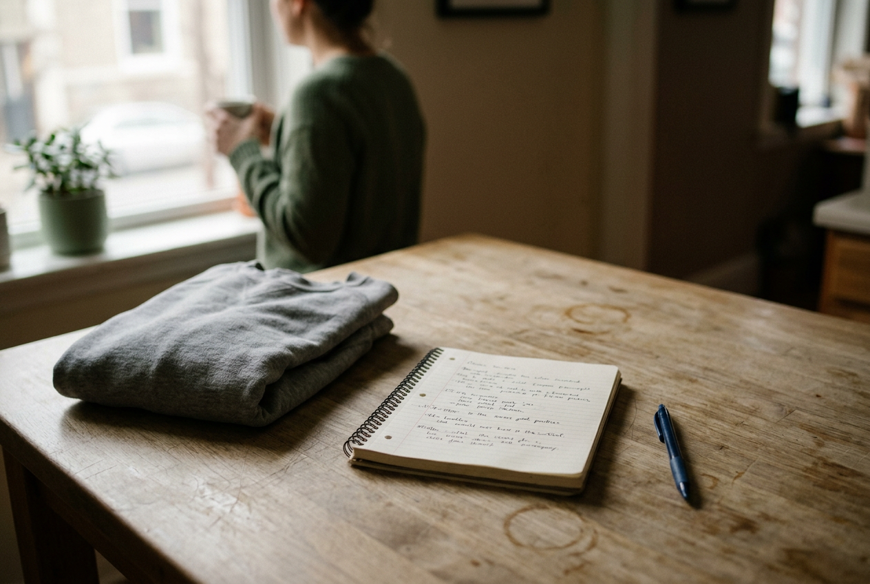 A notebook and pen on a kitchen table beside a folded school sweatshirt.